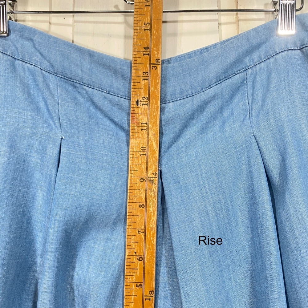 Blue High Waisted Wide Leg Culotte Pants Pleated Chambray 29W Flowy Airy Boho - Picture 8 of 11